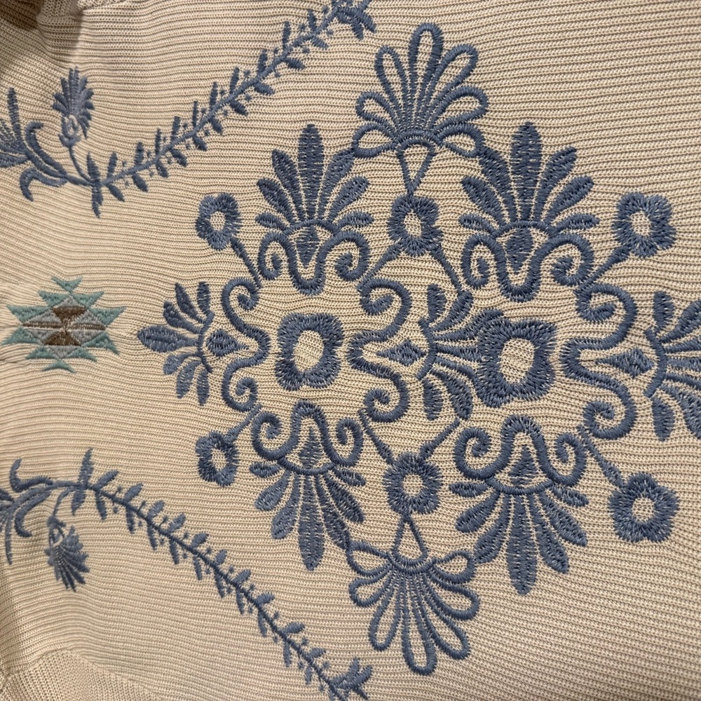 Embroidered beige & blue duster. BIYA for Johnny Was. S women's.Pockets ! - Picture 6 of 12